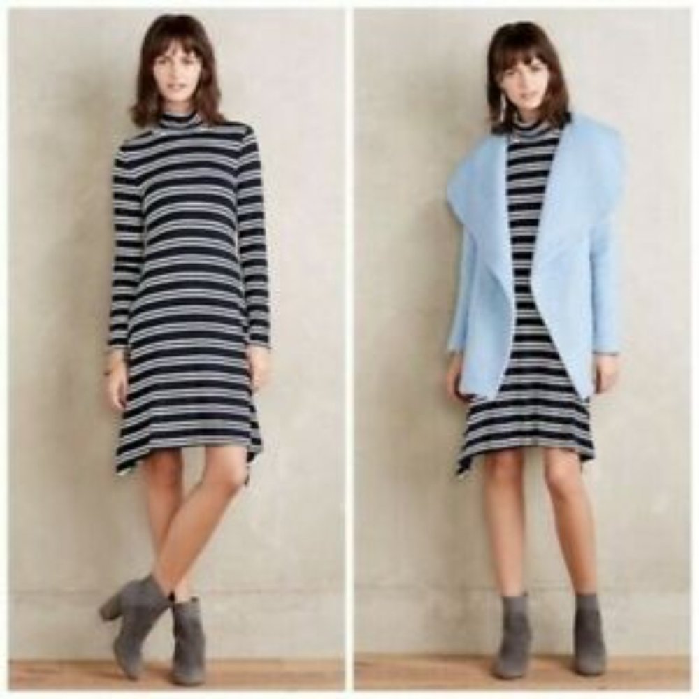 Maeve Anthropologie women's blue white striped long-sleeved swing dress medium